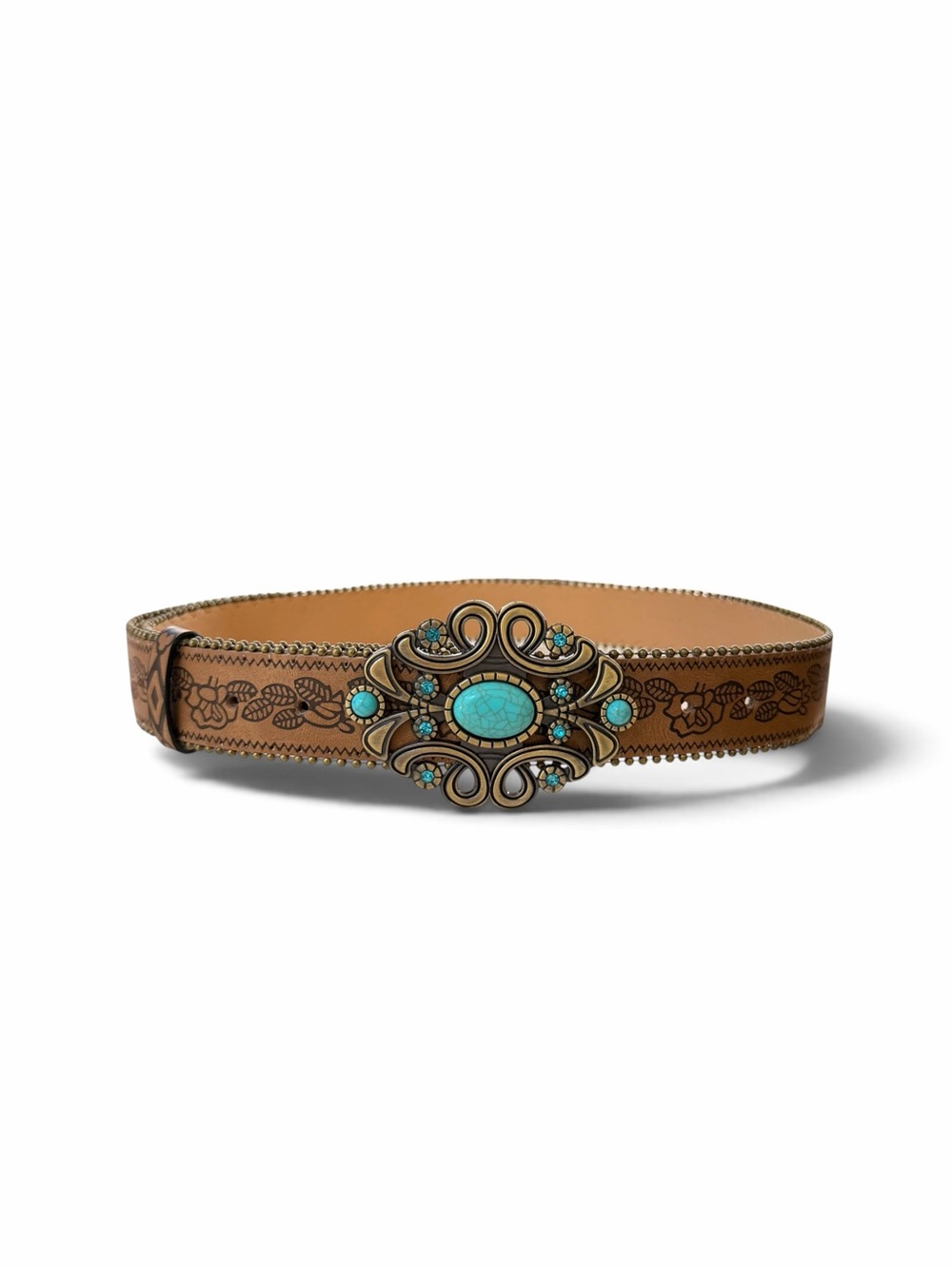 Turquoise-Accent Floral Tooled Leather Belt - Picture 2 of 4